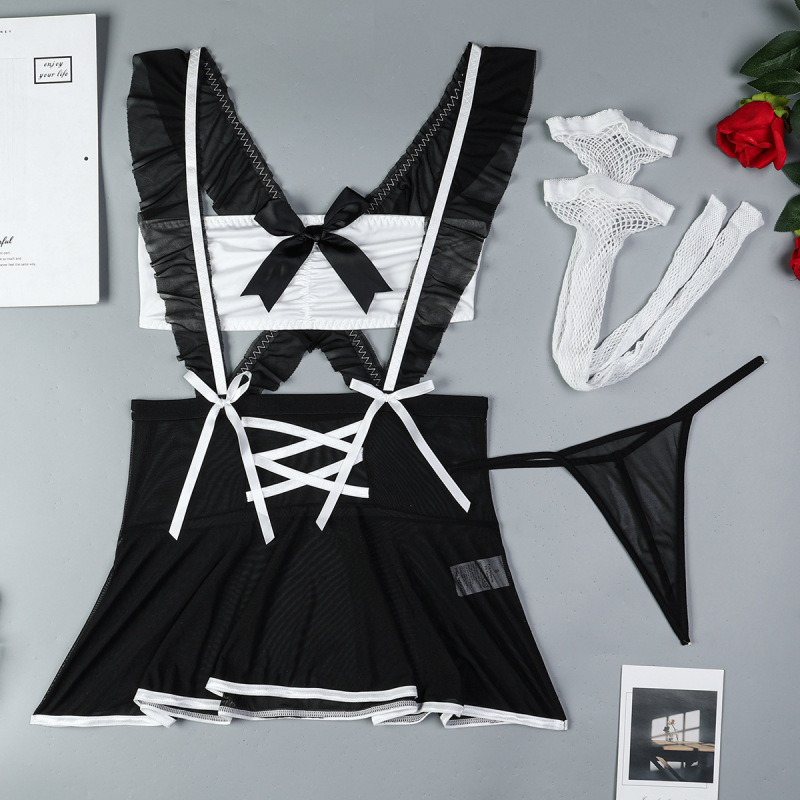 3727--4-Piece Strappy Cross-Front Maid-Style Lingerie Set