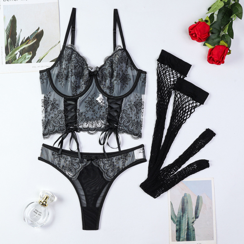 3706--Three-Piece Set with Intricate 3D Embroidery and Lace-Up Detail