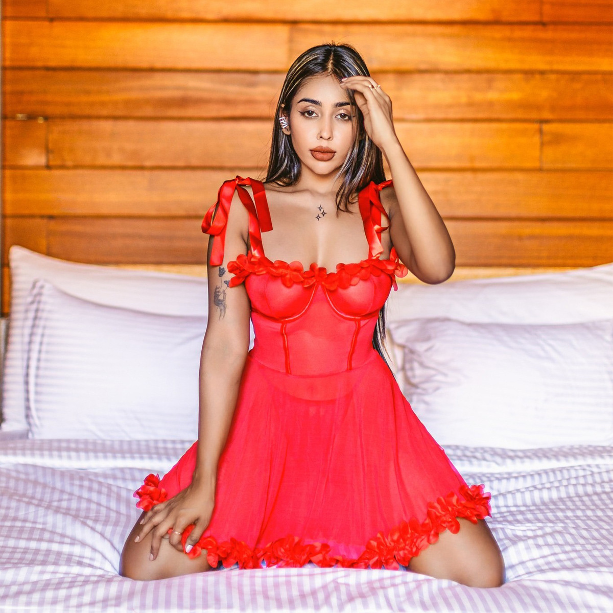 3762--Cute Floral-Tie Sheer Lingerie Set with Flared Skirt