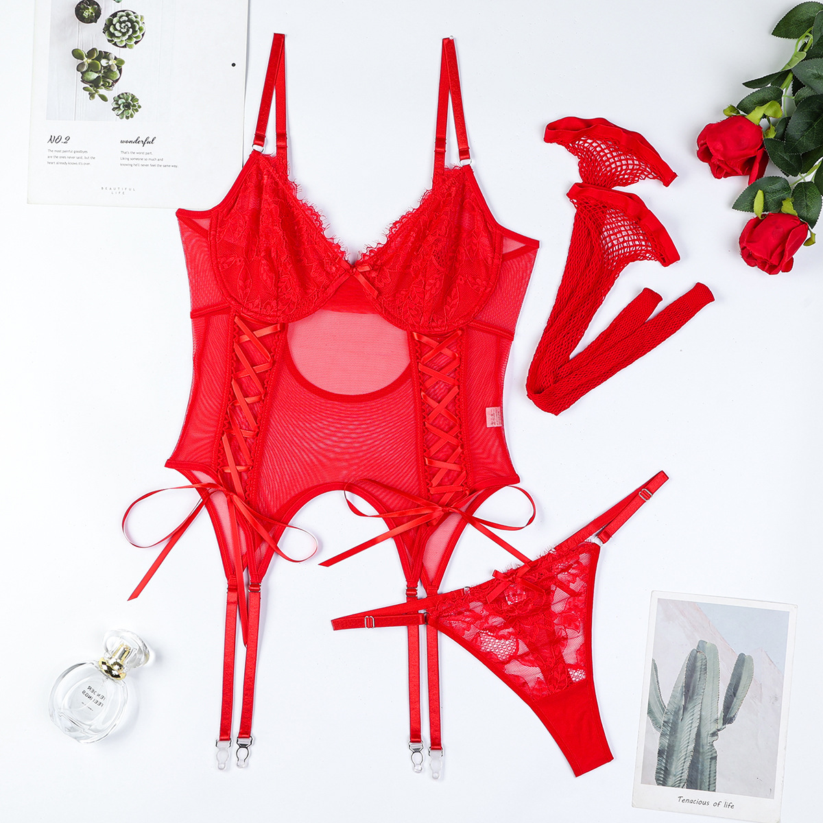 3756--Sexy 3-Piece Lace Lingerie Set with Bows and Straps