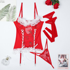 3809--Christmas Lace Crisscross Feather-Trimmed Cami Set (3-Piece)