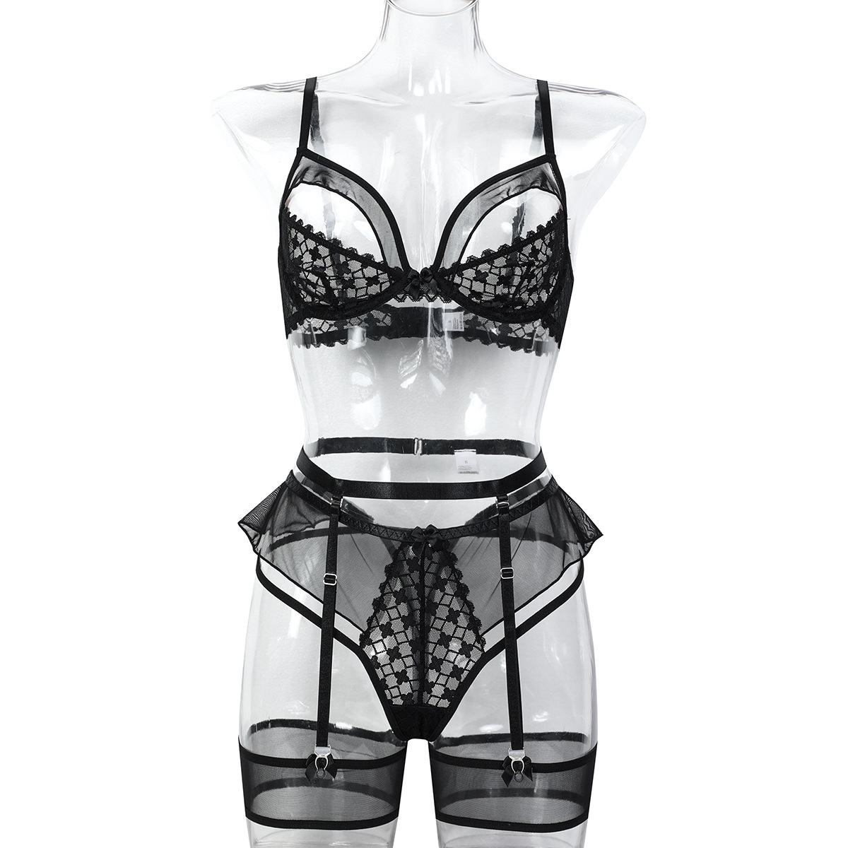 3758--Sheer Mesh Lingerie Set with Wavy Lettuce-Edge Detail