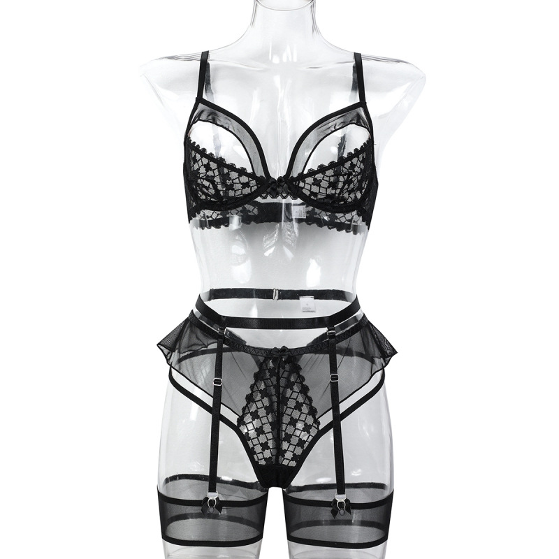 3758--Sheer Mesh Lingerie Set with Wavy Lettuce-Edge Detail