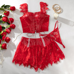 3782--3-Piece Set: Matte PU Leather & Eyelash Lace with Crisscross Lace-Up Detail