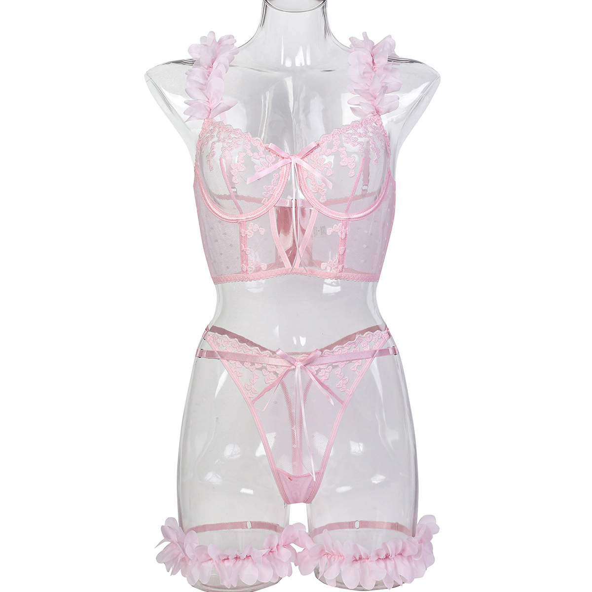 3754--Romantic and Sexy 3-Piece Lingerie Set with Pink Petal and Heart Embroidery