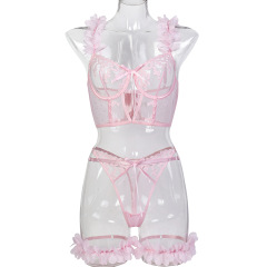 3754--Romantic and Sexy 3-Piece Lingerie Set with Pink Petal and Heart Embroidery