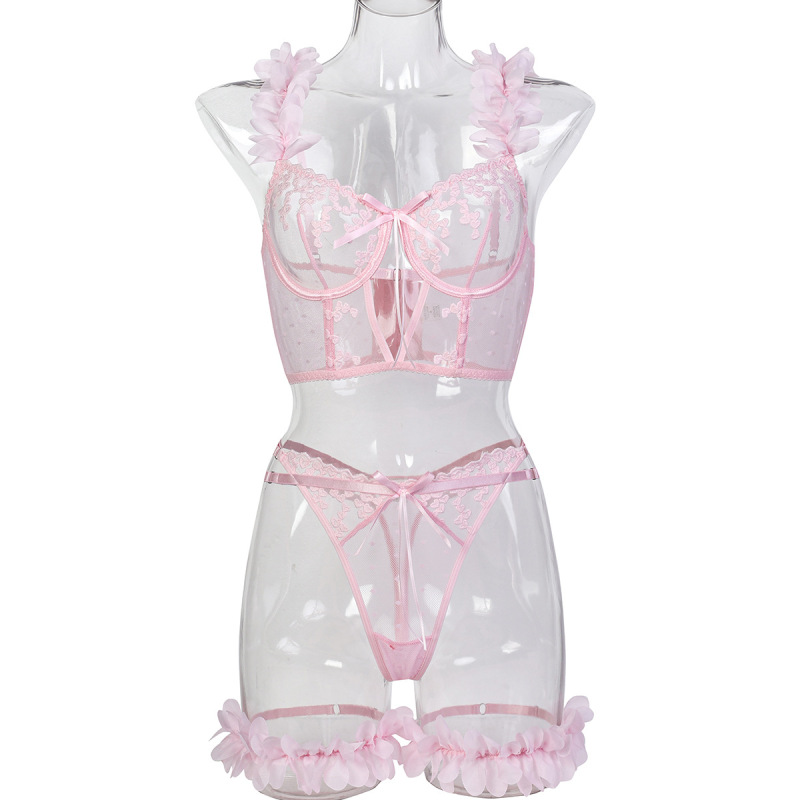 3754--Romantic and Sexy 3-Piece Lingerie Set with Pink Petal and Heart Embroidery