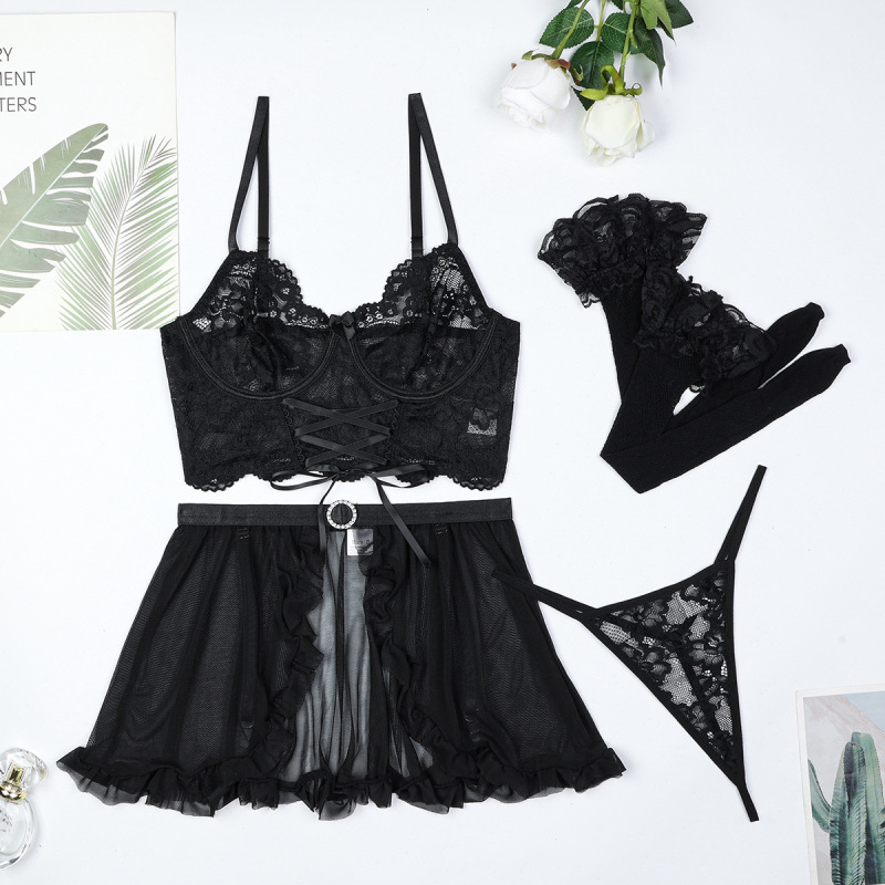 3740--Sheer Lace Sexy Lingerie 4-Piece Set