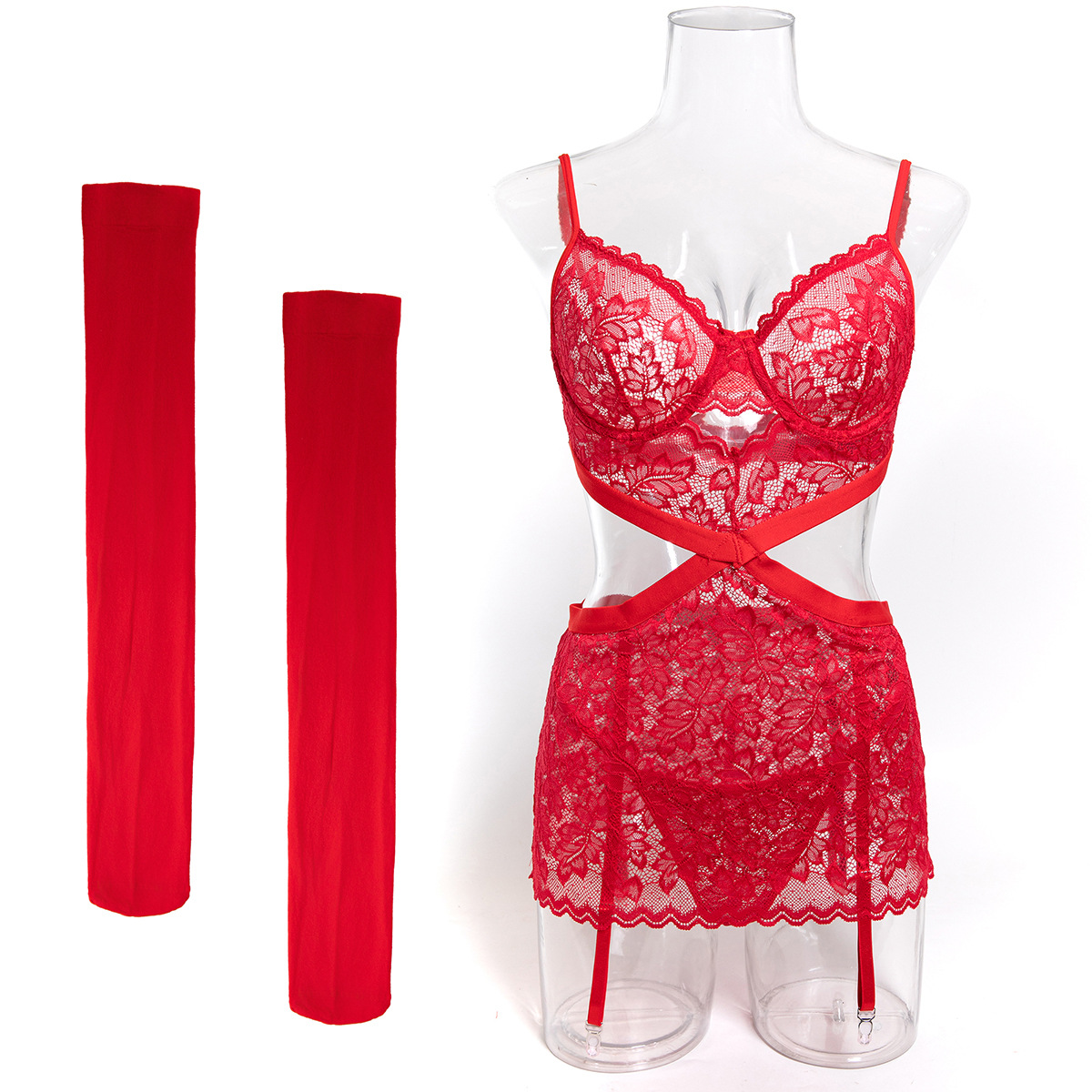 3865--3-Piece Set of Lace Hip-Hugging Panties with Irregular Cut-Outs at the Waist