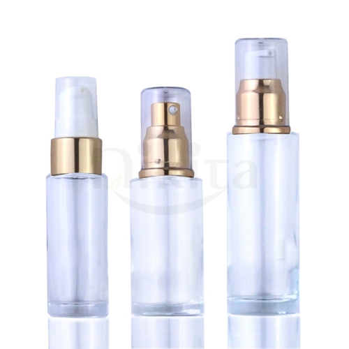 Cosmetic Flat Shoulder Round Cream Serum Gold Pump Glass Bottle (GFC01)