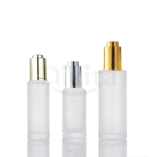 Factory Wholesale Dropper Bottle Luxury Cosmetic Flat Shoulder Fancy Glass Press Dropper Bottle (GDF03)