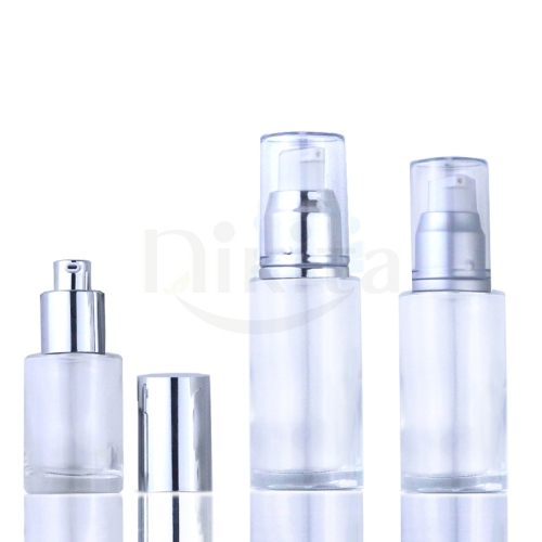 Cosmetic 20ml 30ml Pump Clear Glass Bottle Round Cream Bottle Cosmetic Packaging (GFC02)