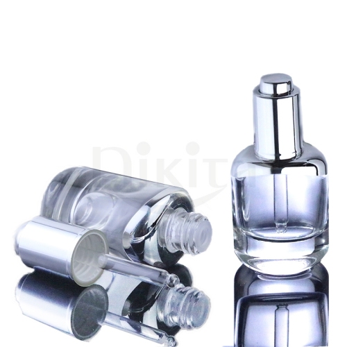 Luxury empty 30ml 1oz 40ml oblate thick clear glass cosmetic serum essential oil bottles with silver gold dropper