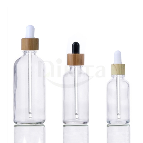 High Quality Glass Bottle 30ml Custom 1oz 30 ml Clear Glass Bamboo Dropper Bottle (GED04-C)