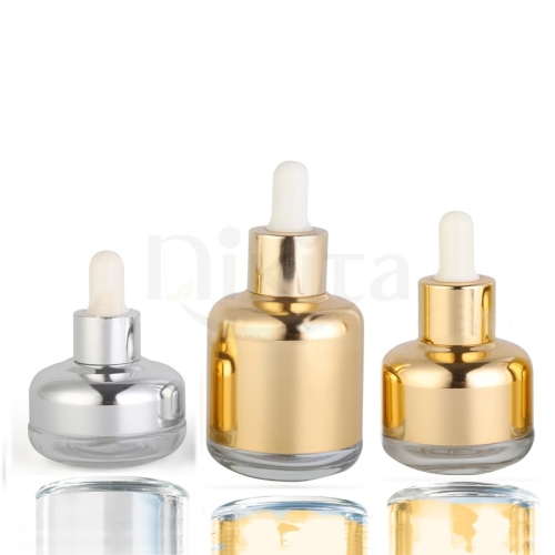 Luxury empty 20ml 30ml 1oz 40ml 50ml round silver gold aluminum shoulder glass cosmetic essential oil dropper bottles