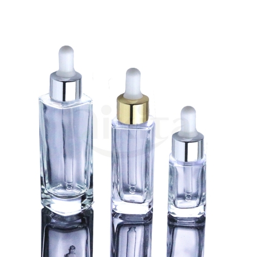 High-end Essential Oil Bottle 15ml 30ml 50ml Square Thick Bottle Clear Glass Bottles 0.5oz 1oz 1.7oz With Silver Gold Dropper