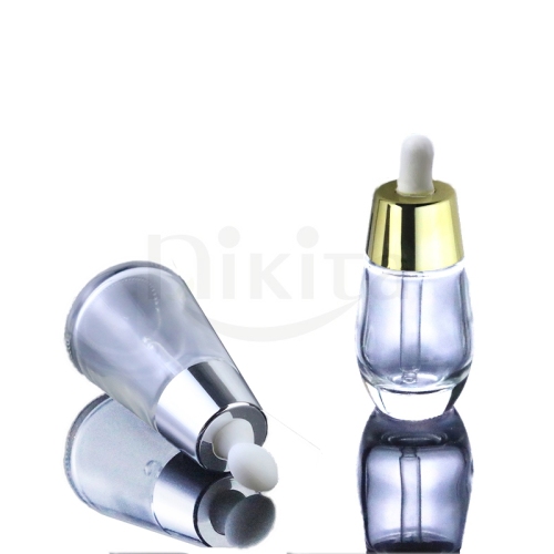 Unique Empty Conical 1oz 30ml 50ml Clear Glass Cosmetic Essential Oil Bottles With Silver Gold Dropper