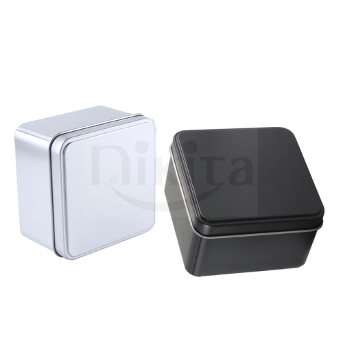 Hot sale empty square silver black metal iron slide lid tins cans gift cookies holder box packaging