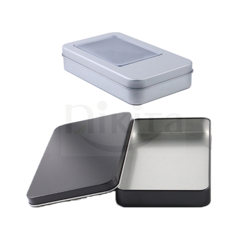 Wholesale custom empty square silver black metal iron slide lid tins cans cosmetic gift candler holder box packaging with clear window