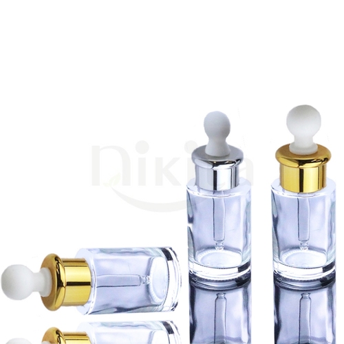 Luxury Custom 20ml 1oz 30ml 40ml Round Clear Glass Essential Oil Bottle With Gold Silver Dropper Pipette
