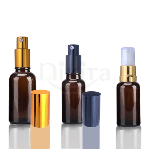 High Quality Amber Cream Pump Bottle Round Empty 15 ml Serum Glass Pump Bottle(GEP02-A)