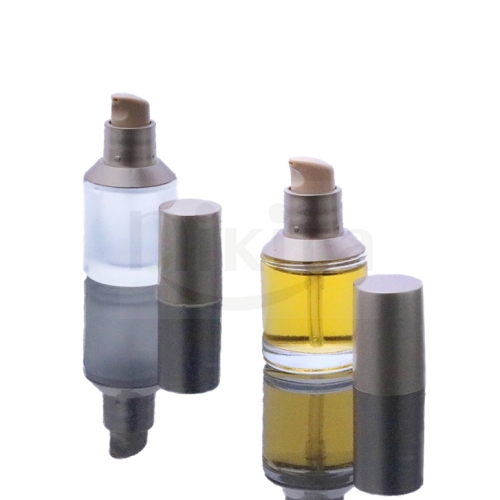 High Quality 1oz Cosmetic Packaging Empty 30ml Aluminum Shoulder Frosted Glass Bottle With Matte Gold Silvery Cream Pump