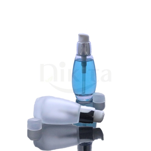 Cute empty 30ml 1oz 40ml unique frosted glass cosmetic essential oil bottles with serum pump dispenser