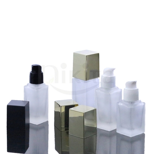 Wholesale empty 15ml 20ml 30ml 40ml square frosted glass cosmetic BB cream bottle with black white serum pump dispenser