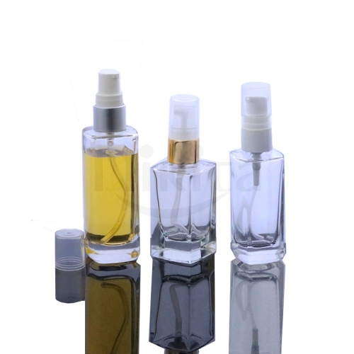 Wholesale empty 30ml 1oz 50ml square clear glass cosmetic serum toner bottle with gold silver cream pump dispenser