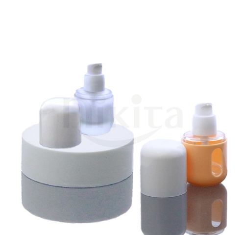 Custom colorful empty 30ml 1oz round frosted glass cosmetic foundation bottle with cream pump
