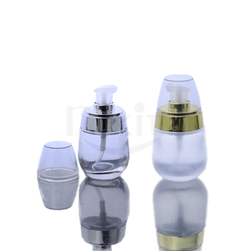 Cute Empty 30ml 50ml Round Clear Frosted Glass Cosmetic Serum Bottle With Silver Gold Cream Pump Dispenser