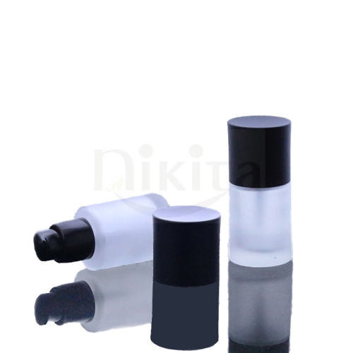 Hot sale empty 30ml 1oz round frosted glass cosmetic essential oil bottle with black serum pump dispenser