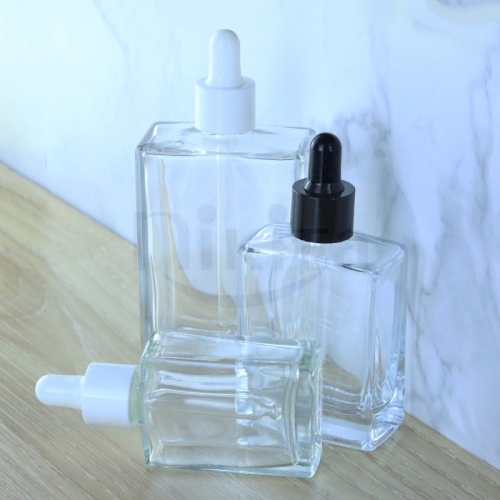Hot sale custom empty 15ml 30ml 50ml 100ml French square clear glass cosmetic essential oil dropper bottles bamboo lid (GFD01-C)