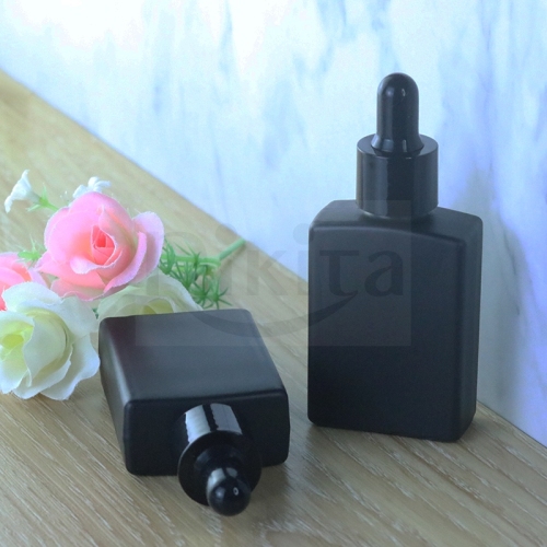Unique Design Empty 30ml 1oz 50ml 100ml French Square Matt Black Glass Essential Oil Dropper Bottle With Pipette