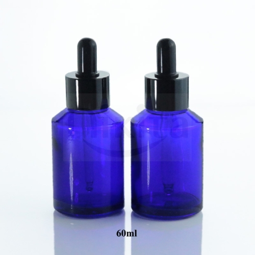 Custom empty 15ml 30ml 60ml round blue glass cosmetic oil dropper bottle with pipette