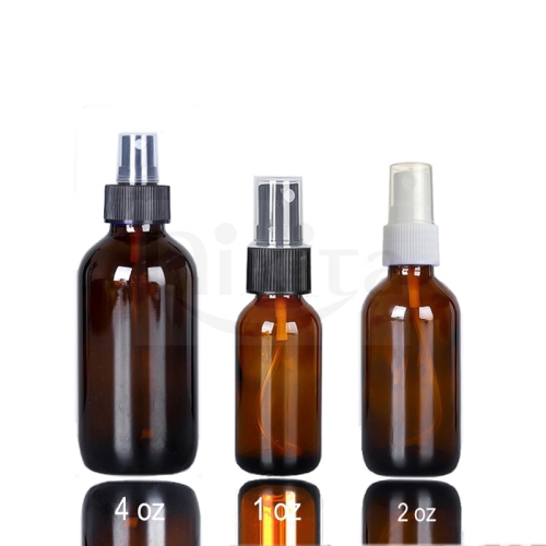 New Fashion Amber Boston Round Cosmetic Skin care Glass Bottles 30ml 2oz 60ml 120ml With Fine Mist Sprayer