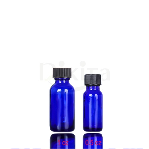 In stock empty 15ml 30ml 1oz 60ml 2oz boston round blue glass cosmetic essential oil bottles with black lid