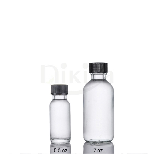 Custom low MOQ 15ml 1oz 30ml 60ml 2oz 4oz boston round clear glass cosmetic serum toner bottles with black lid