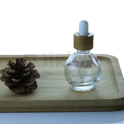 New design 10ml 1oz 30ml thick ball shape clear glass cosmetic essential oil bottles with bamboo dropper