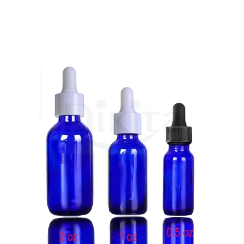 Hot sale 15ml 30ml 60ml 120ml Blue Boston Round Glass Cosmetic Essential Oil Bottle With Black Tamper Evident Dropper
