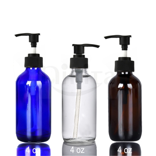 Fancy Empty 15ml 30ml 1oz 60ml 2oz 4oz 8oz Boston Round Blue Glass Cosmetic lotion Bottle With Black Cream Pump