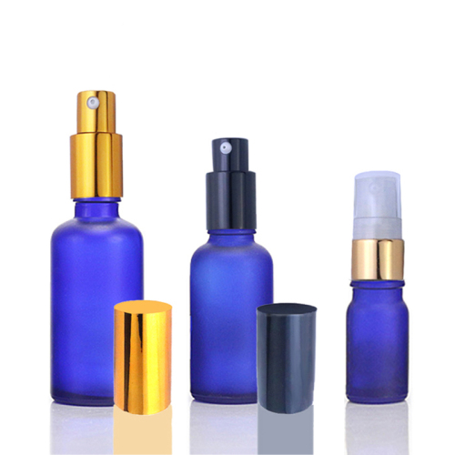 Customized Blue Frosted Glass Lotion Pump Bottle Cosmetic 30ml 1/2 oz Glass Serum Bottle (GEP01-BF)