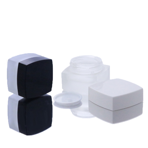 Hot sale Cosmetic 30g 50g Empty Frosted square cream glass jar with square black white lid(GJM11)