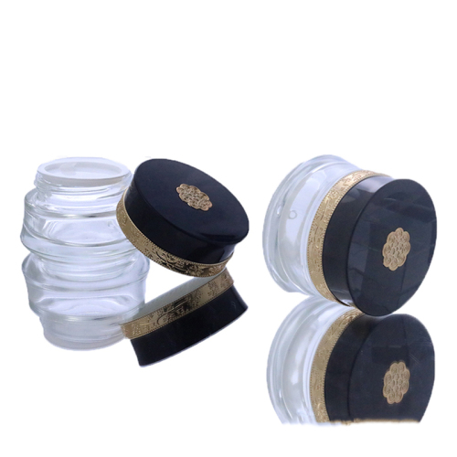 Luxury Korean Style 30g 50g Empty Black Brown Tall Cap Round Clear Glass Jar with gold decoration(GJE08-C)