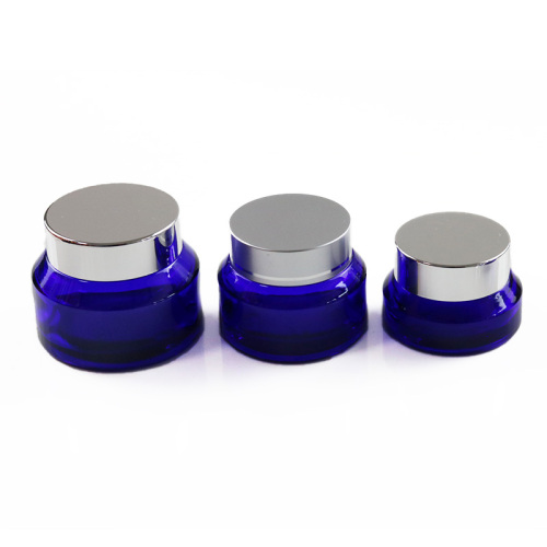 Luxury empty 15ml 30ml 50ml round blue glass cosmetic cream Inclined shoulder jar with gold lid