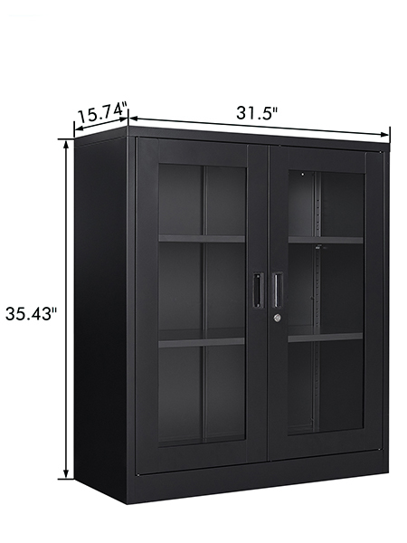 Metal Storage Cabinet with Glass Doors - 35.43" Locking Display Cabinet with 2 Adjustable Shelves, 3-Tier Steel Cabinet Locker for Home Kitchen, Living Room, Bedroom