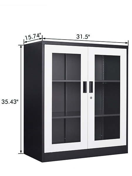 Metal Storage Cabinet with Glass Doors - 35.43" Locking Display Cabinet with 2 Adjustable Shelves, 3-Tier Steel Cabinet Locker for Home Kitchen, Living Room, Bedroom