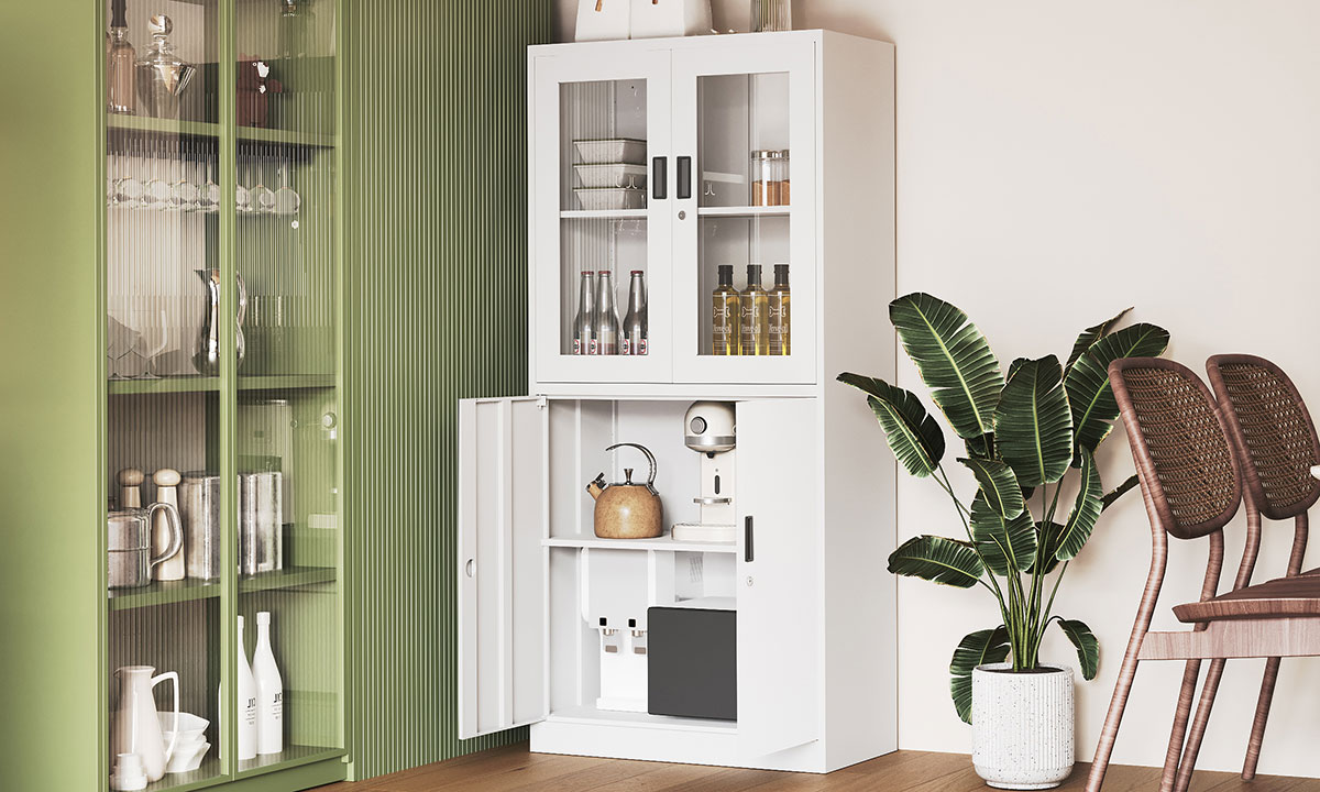 Tall Storage Cabinet with 4 Shelves for Living Room, Kitchen - Bed