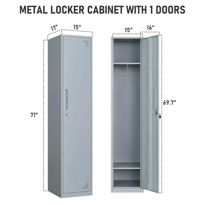 2-Tier 17 in. D x 15 in. W x 71 in. H Metal Locker Single Door Grey Storage Shelves Locker for Employees Workers