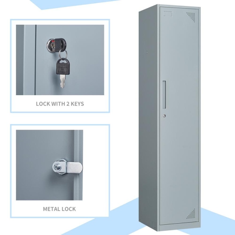 2-Tier 17 in. D x 15 in. W x 71 in. H Metal Locker Single Door Grey Storage Shelves Locker for Employees Workers